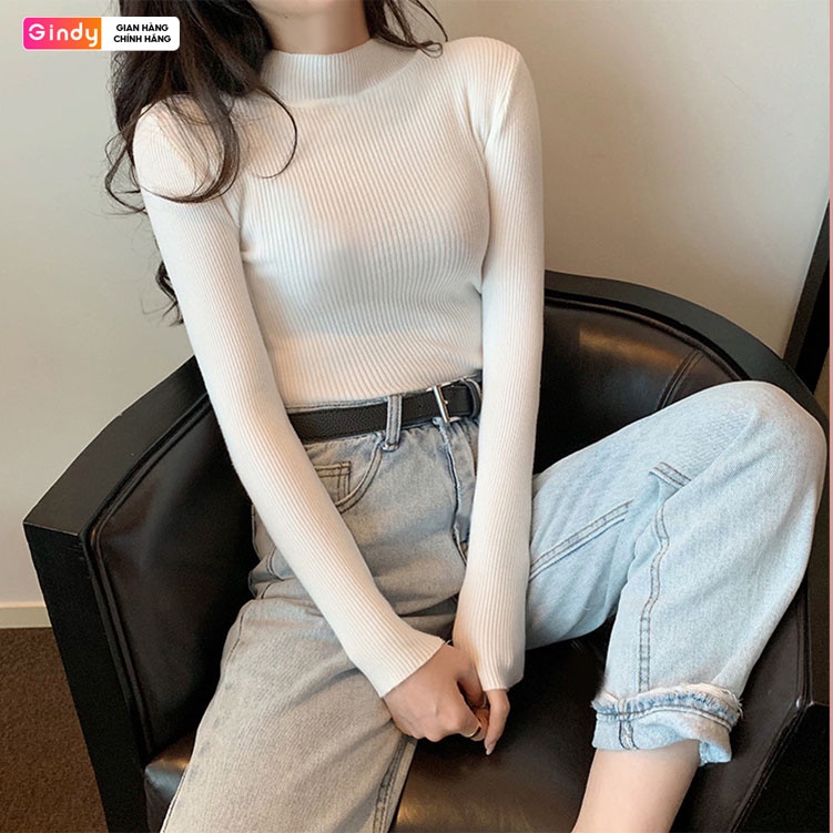 Áo len tăm nữ cổ lọ GINDY trơn dáng ôm dài tay co giãn thời trang thu đông A1101