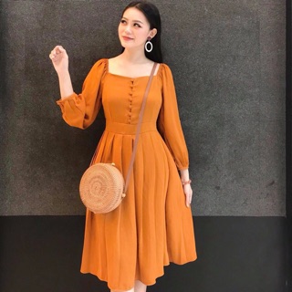 Đầm midi váy xoè cam nút bọc xếp li (kèm hình thật)