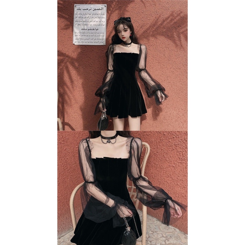 Đầm nhung đen dáng chữ A tay phồng phối lưới phong cách retro gợi cảm