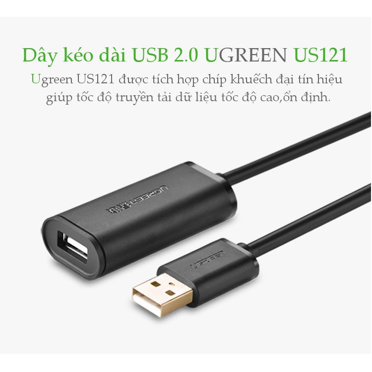 Cáp USB nối dài 15m có chíp khuếch đại chính hãng Ugreen 10323 Hàng chính hãng