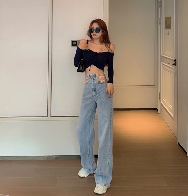 (ORDER) Quần jeans ống rộng cạp cao xích ngang khoe eo gợi cảm | BigBuy360 - bigbuy360.vn