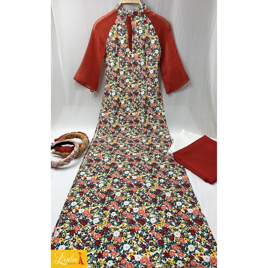 Áo dài hoa nhí Linlee - Áo dài truyền thống phối tay voan 2 màu đỏ, vàng, đủ size S M L XL từ 40kg tới 63kg