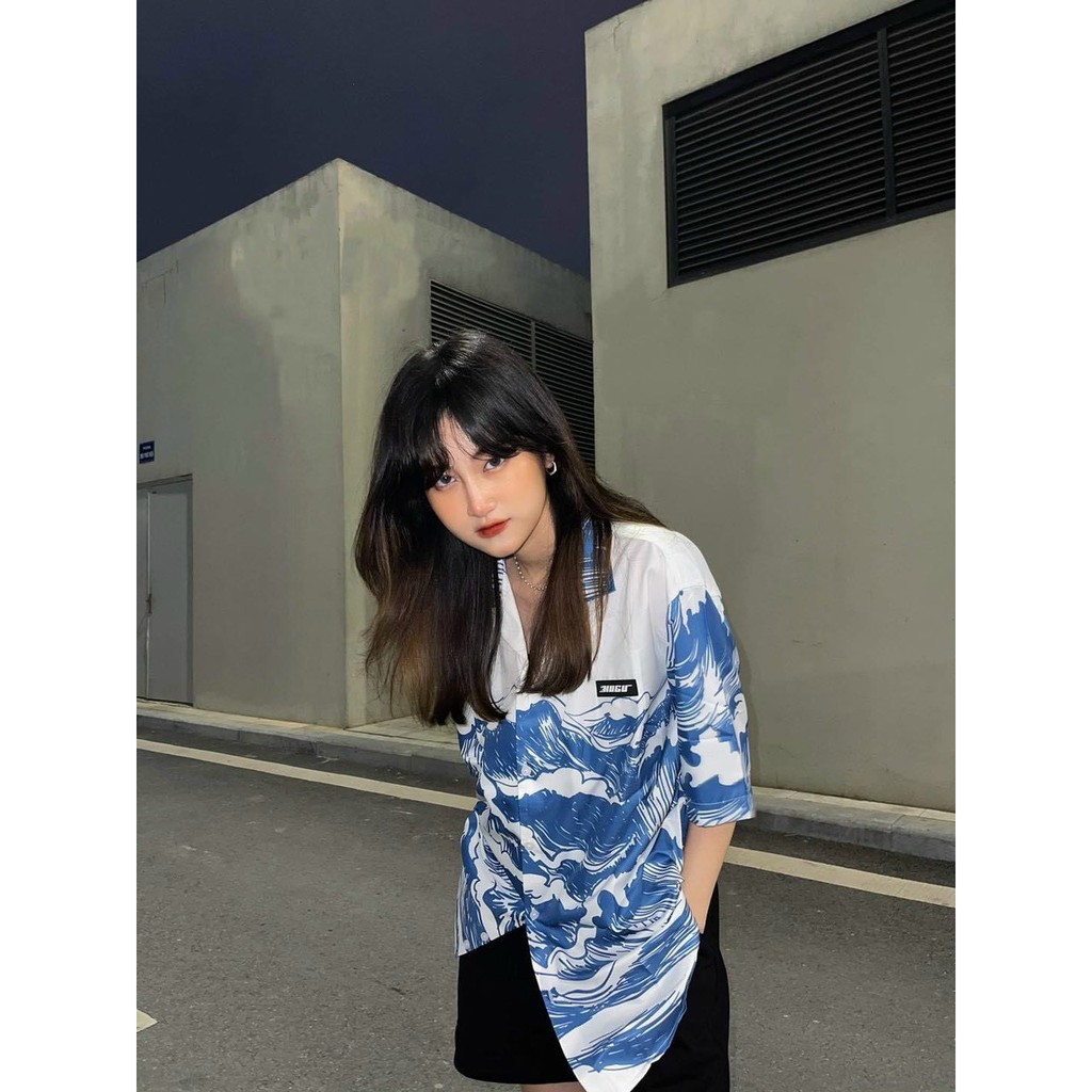 Áo sơ mi cặp đôi nam nữ chuẩn unisex tay ngắn form rộng in hình họa tiết sóng biển siêu hot chất voan lụa mềm cực mát