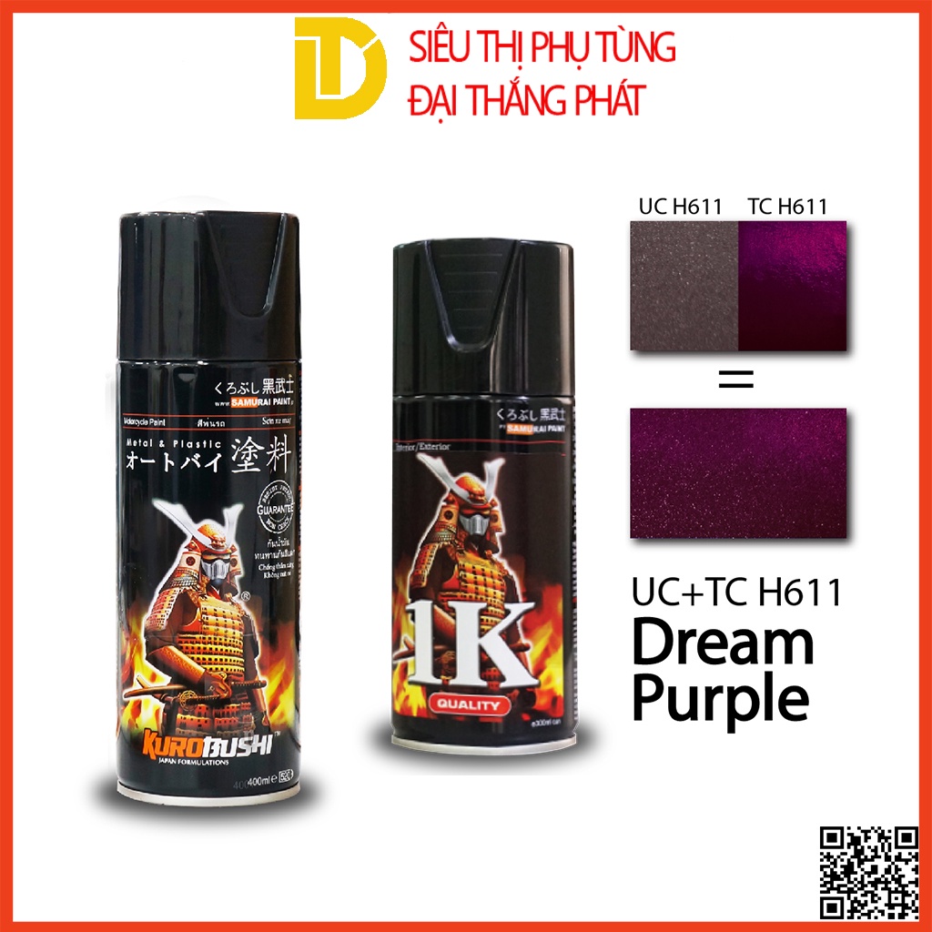 Combo cơ bản sơn Samurai, sơn xịt xe máy màu tím Dream TCH611 (Lót UCH210, Nền UCH611, Màu TCH611, Phủ K1K)