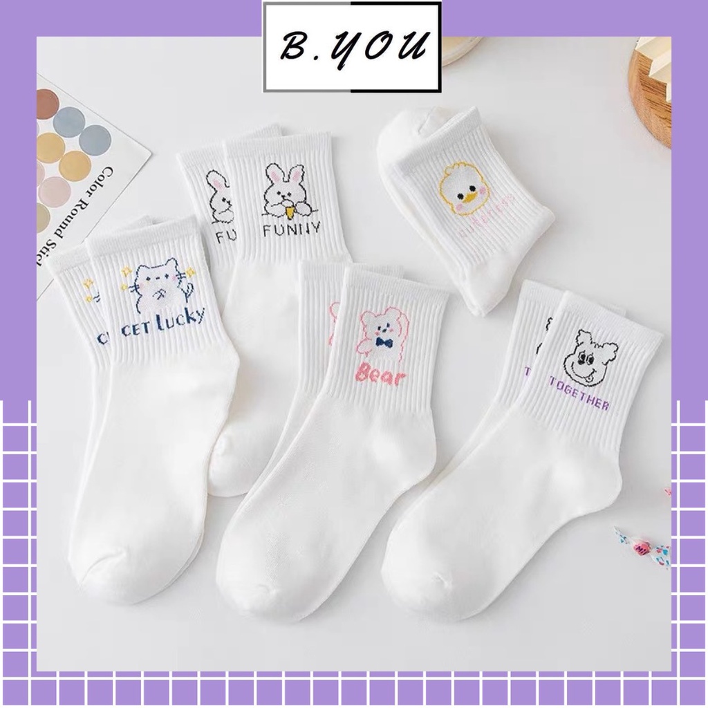 Tất nữ cổ cao màu trắng họa tiết hình con vật họat hình dễ thương, chất liệu thoáng mát, thấm hút mồ hôi