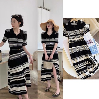 Váy len kẻ suông cổ đức dáng rộng