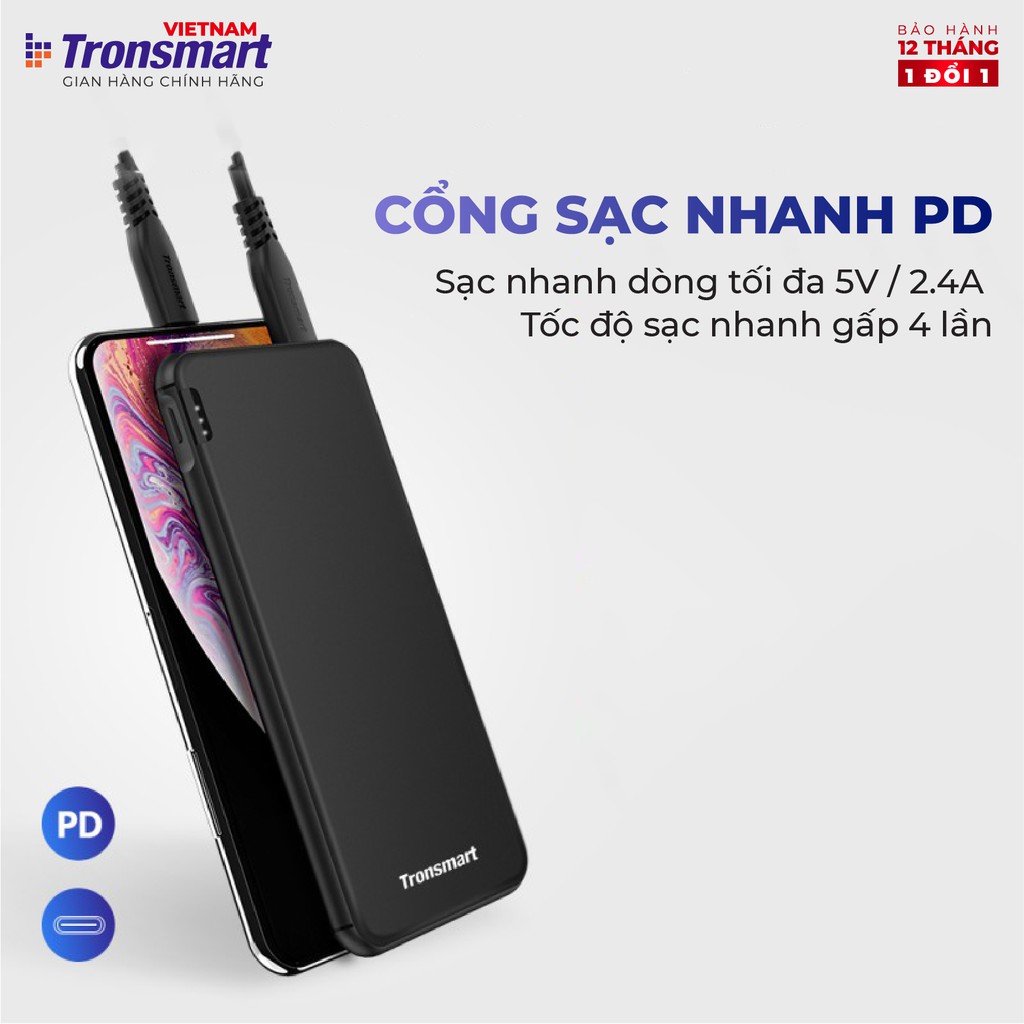 Sạc dự phòng 10000mAh Tronsmart TM-363477 Sạc nhanh PD QC 3.0 2 cổng USB + USB-C - Hàng chính hãng - Bảo hành 12 tháng