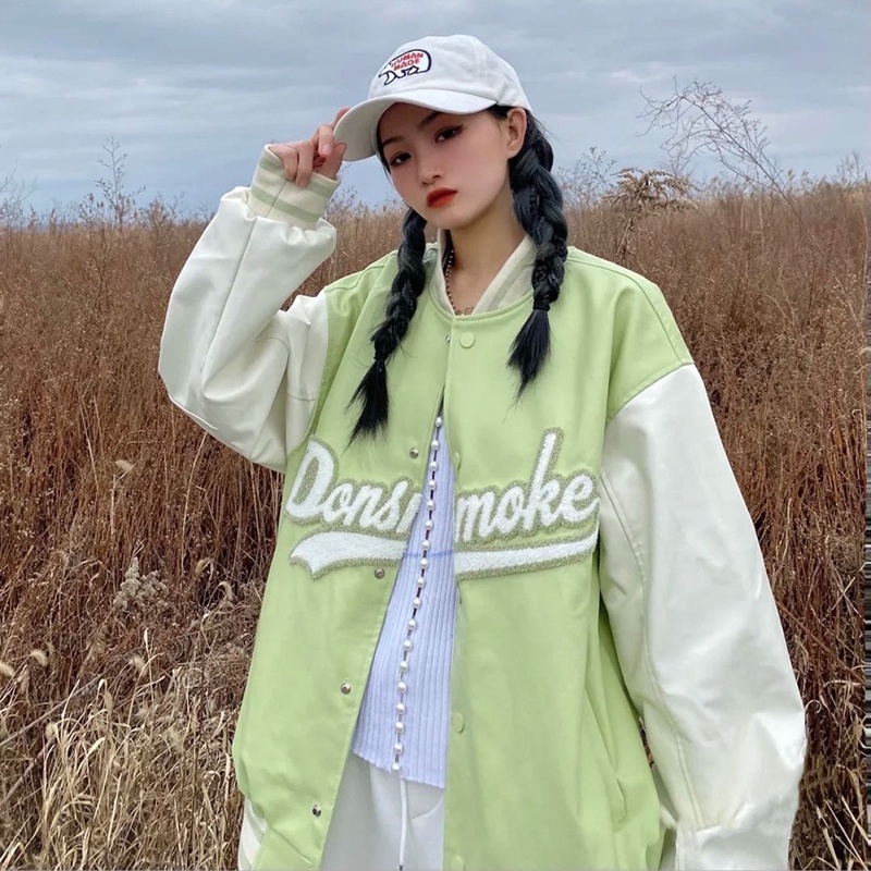 Áo Khoác Bóng Chày Dáng Rộng Màu Trắng Xanh Lá Phong Cách Cổ Điển Thời Trang Cho Nữ