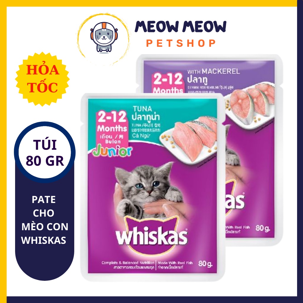 Pate whiskas junior cho mèo con | Túi 80g | Pate dinh dưỡng dành cho mèo con thương hiệu whiskas.