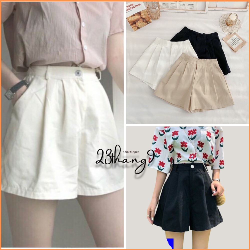 Quần short nữ quần đùi ống rộng nữ cạp cao xếp ly chun sau vải đũi cao cấp màu trắng màu đen be 23thang9