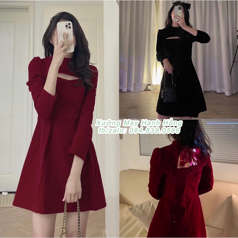 Váy nhung dáng A khoét trước buộc nơ sau
