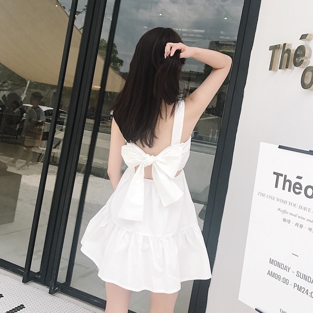 Đầm đi biển SUXI hở lưng màu trơn cột nơ phong cách Hàn Quốc thời trang mùa hè