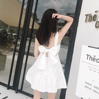 Đầm đi biển SUXI hở lưng màu trơn cột nơ phong cách Hàn Quốc thời trang mùa hè