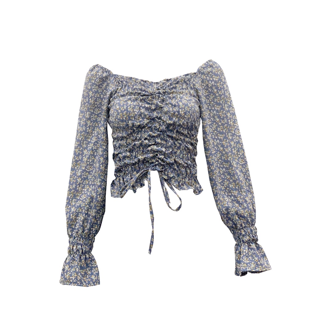 Áo Nữ Cao Cấp Cổ Vuông Dáng Croptop Họa Tiết Hoa Nhí May Nhún Phối Tay Bồng