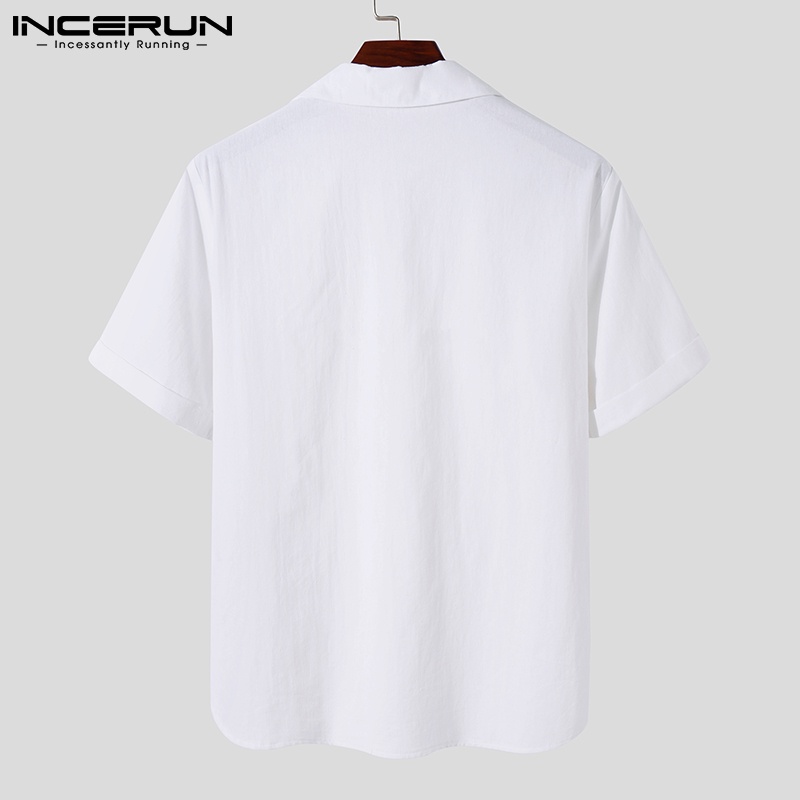 Áo sơ mi INCERUN màu trắng ngắn tay cột dây ở cổ thời trang hè cho nam