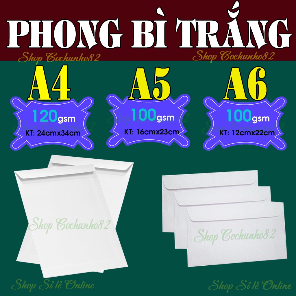 Phong bì Trắng A4 - A5 - A6 (100 chiếc/1 tập)