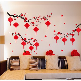 Decal trang trí tết - 3 Cành Mai Đào đỏ lồng đèn size lớn dán tường