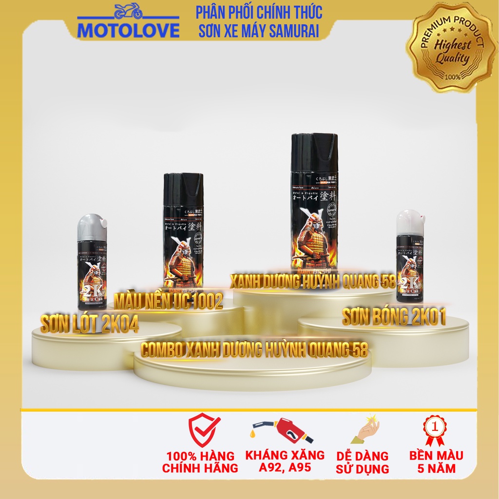 Combo Sơn Samurai màu xanh dương huỳnh quang 58 loại 2K chuẩn quy trình độ bền 5 năm gồm 4 chai 2K04 - UC1002 - 58- 2K01