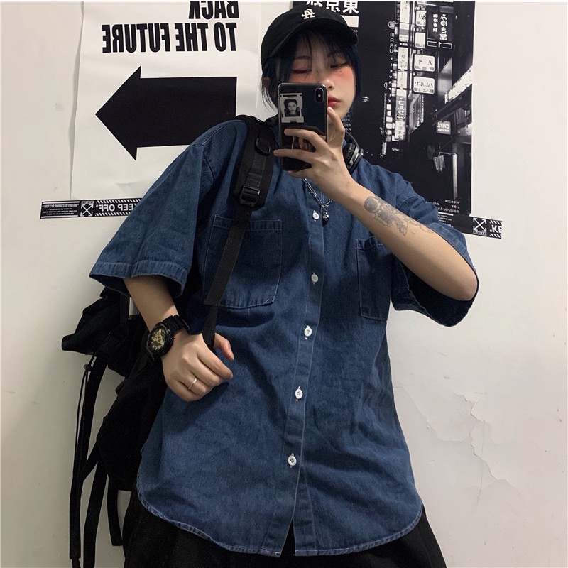 Áo sơ mi unisex tay lỡ vải bò form rộng, Áo sơ mi nữ bò Hàn Quốc- 360 Boutique