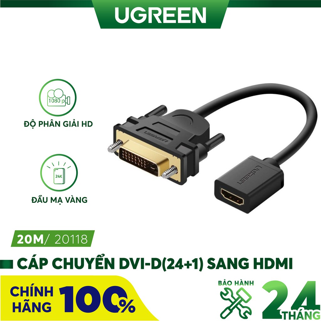 Cáp DVI 24+1 sang HDMI âm hỗ trợ Full HD 1080p chính hãng Ugreen 20118