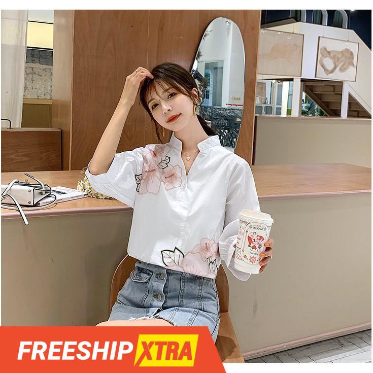 💋 ẢNH THẬT 💋 Áo Sơ Mi Nữ màu trắng phối hoa in cao cấp FREE SIZE 60KG