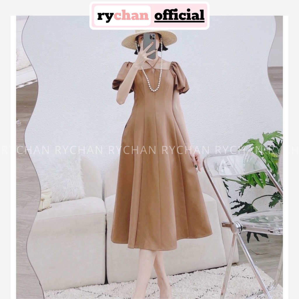 Đầm Nữ Dự Tiệc Cổ Vuông Tay Ngắn Phồng Dây Cổ Cực Khí Chất, Đầm Dài Xòe Kem Đậm - DX9772