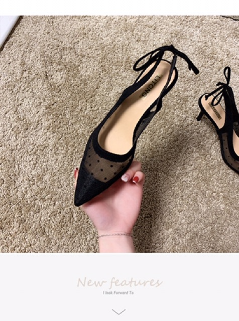 Giày cao gót cho nữ mũi nhọn lưới chấm bi cao 7cm nơ gót