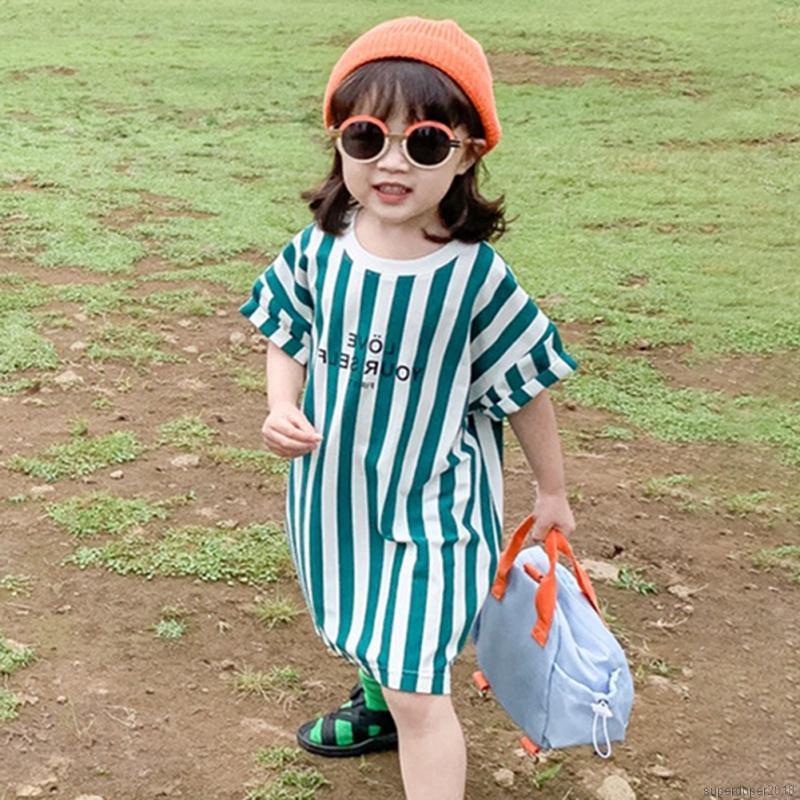 Summer Casual Baby Girls Striped Printing Short Sleeve Shirt Dress