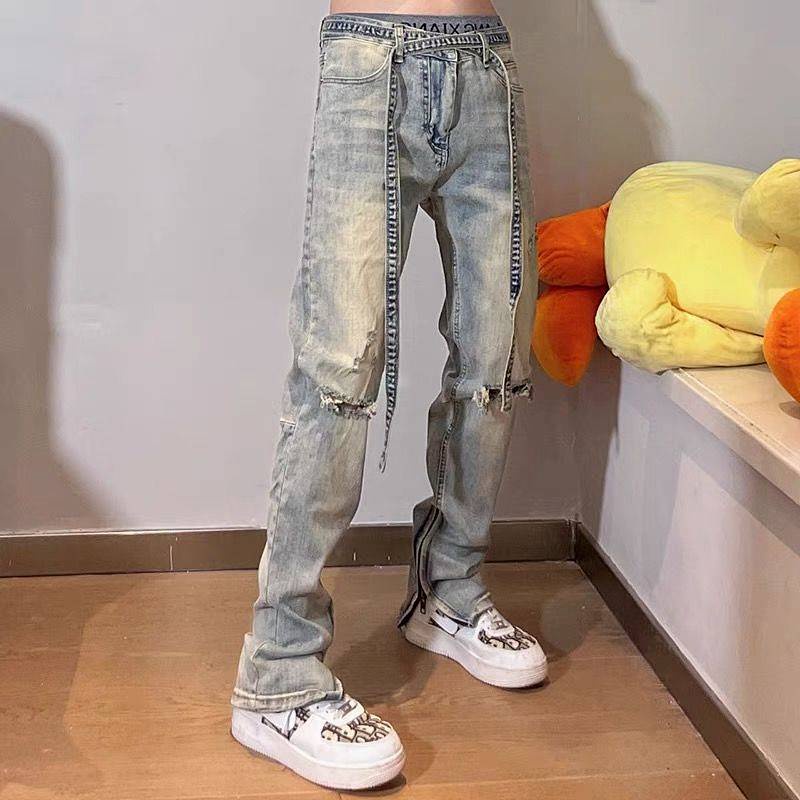 Quần jeans nam dáng dài phối dây phong cách đường phố Mỹ cá tính