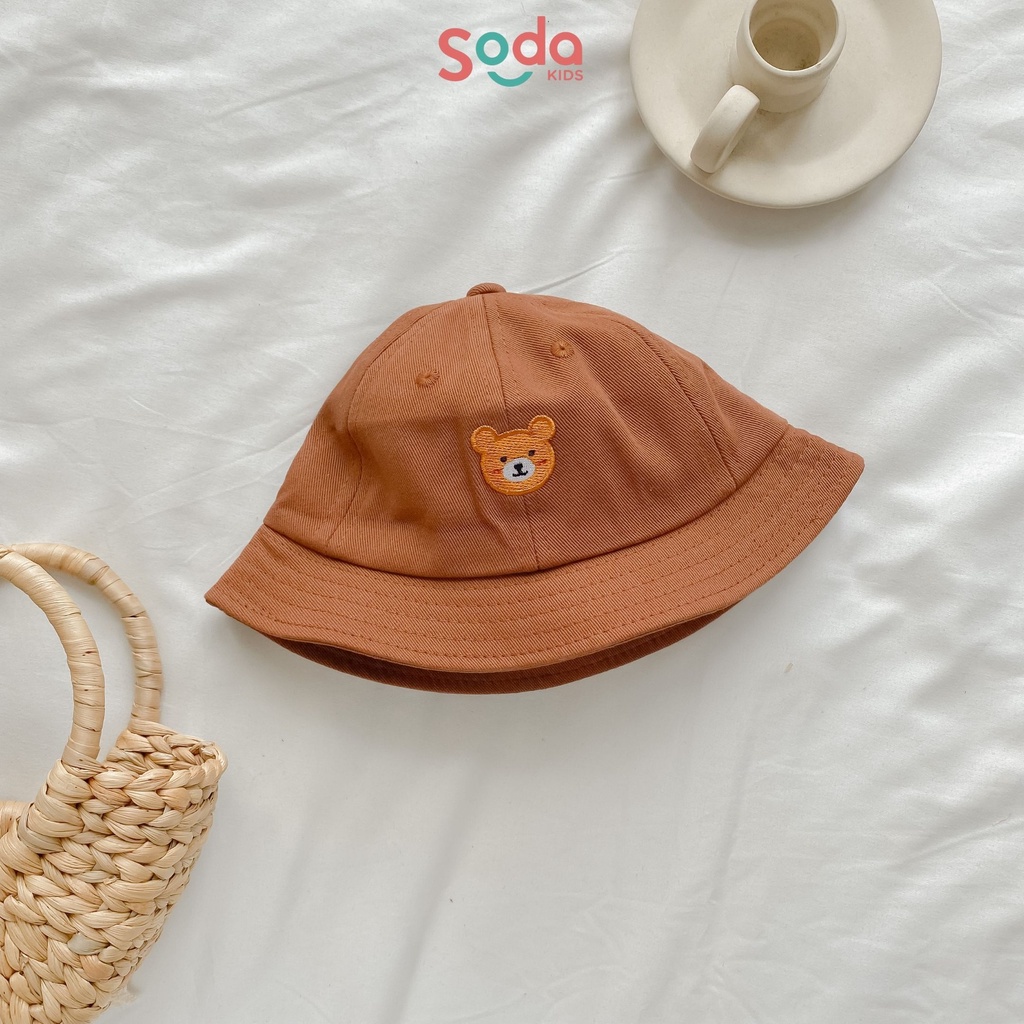 Mũ vành nhỏ trơn thêu gấu 3 màu dành cho bé trai và bé gái (Ảnh thật)