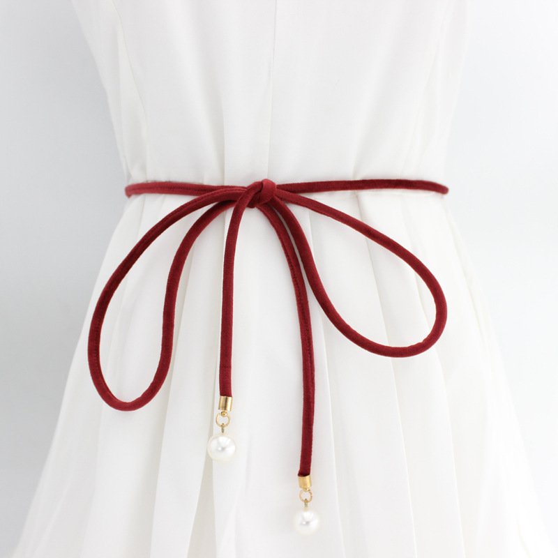 Dây thắt lưng vải nhung gắn ngọc, đai váy nhung thắt nơ