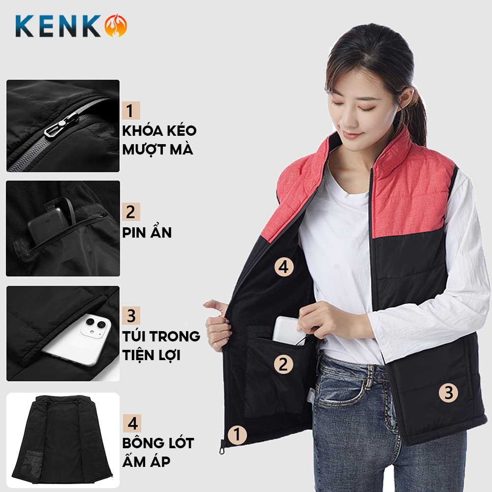 Áo sưởi gile KENKO V03 Nhật Bản lót nỉ siêu ấm với 9 vùng nhiệt bảo hành pin 2 năm