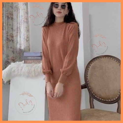 Váy Len Dài Tay Nữ Dáng Suông Tay Bồng Chất Len Gân Mềm Mịn Dày Dặn