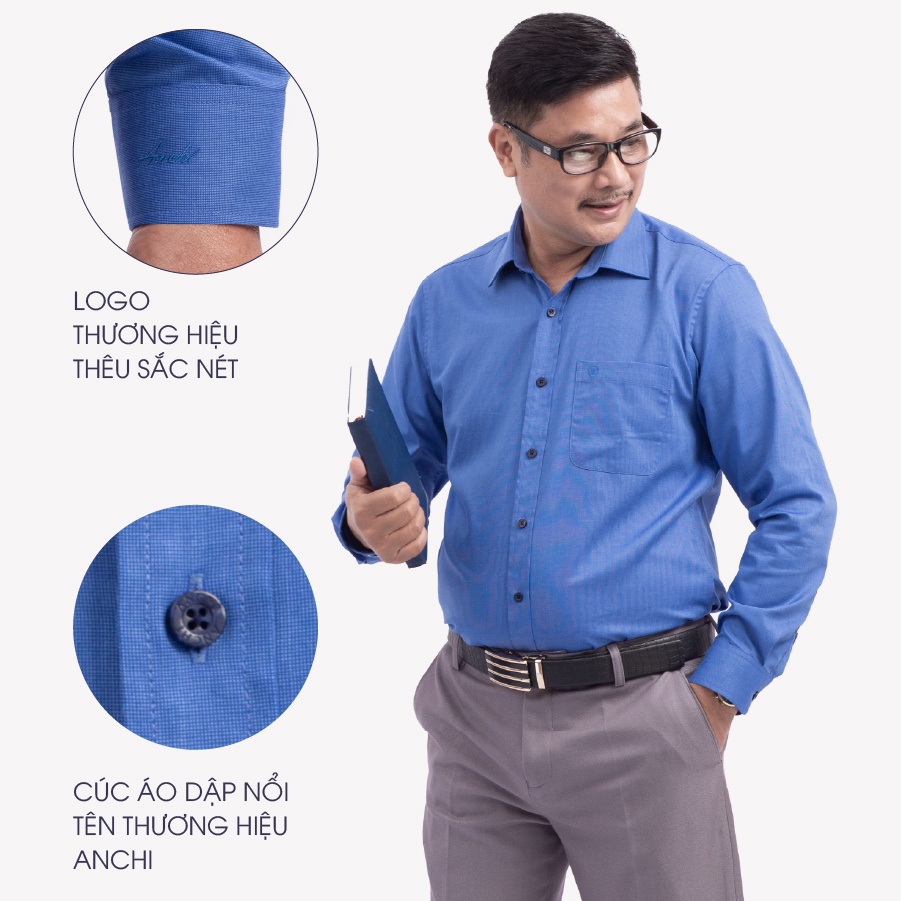 Áo Sơ Mi Nam Dài Tay Trung Niên ANCHI Màu Xanh Biển Trơn Vải Sợi Tre Cao Cấp