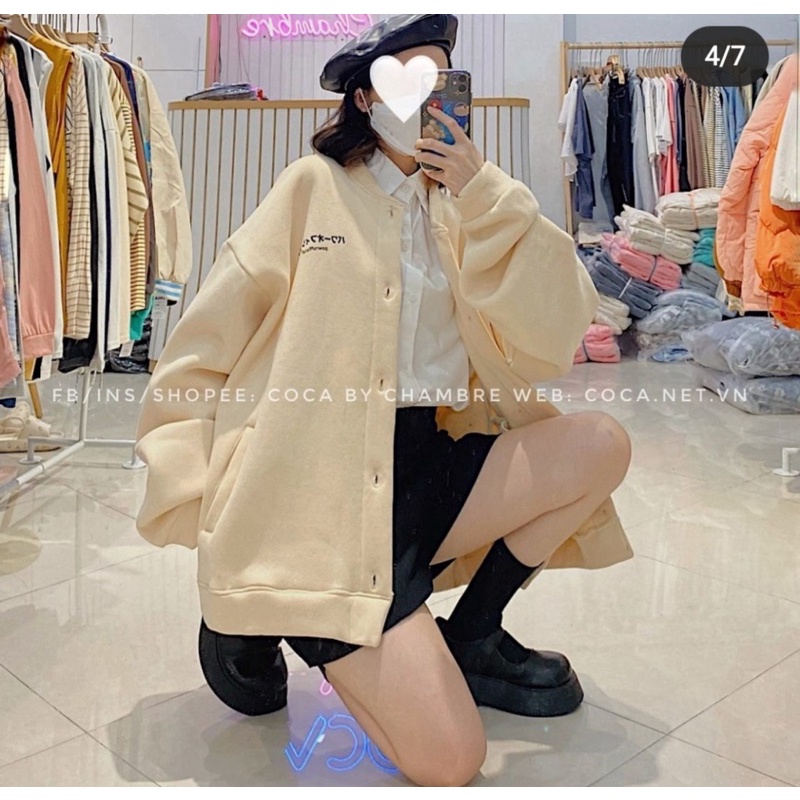 [HÀNG SẴN]ÁO KHOÁC NỈ BOMBER CHỮ NHẬT FORM OVERSIZE