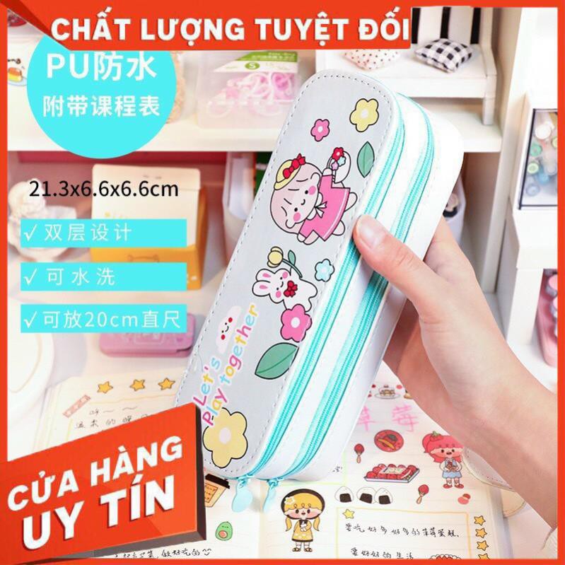 Hộp bút da PU nhiều ngăn hình thú, bóp viết 2 tầng cỡ to chống nước màu pastel cho bé gái