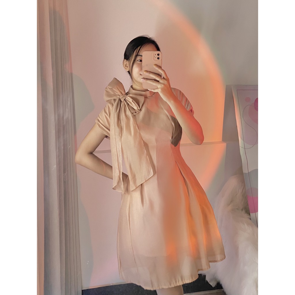 Đầm Nơ Ngắn xòe A cổ cao Bánh bèo, trắng, hồng, xòe nhẹ, tiểu thư, dễ thương, tay ngắn, đi chơi, đi tiệc, đi du lịch | BigBuy360 - bigbuy360.vn