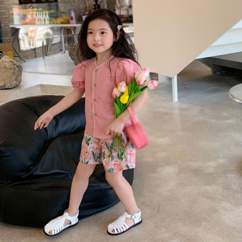 Set Áo Sơ Mi Tay Ngắn Phồng Phối Quần Short In Hoa Phong Cách Hàn Quốc Thời Trang Mùa Hè Cho Bé Gái