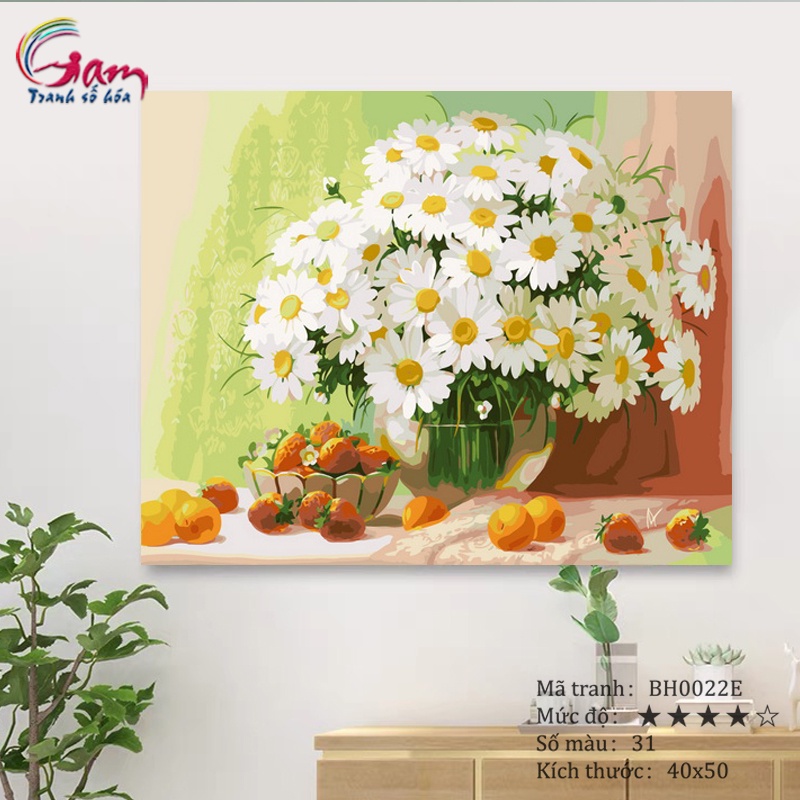 Tranh sơn dầu số hoá tự tô màu theo số Gam Hoa Cúc Trắng căng sẵn khung 2,5cm size 40x50cm BH0022E