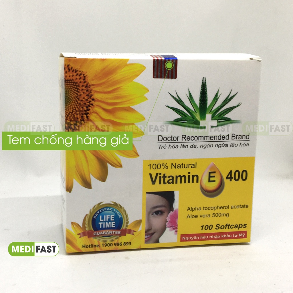 Viên uống Vitamin E 400 Giúp làm đẹp da, giảm lão hóa - Hộp 100 viên.