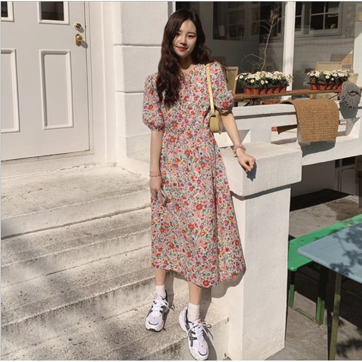 Váy nữ đẹp hàng Quảng Châu kiểu dáng babydoll họa tiết hoa nhí trẻ trung mùa hè