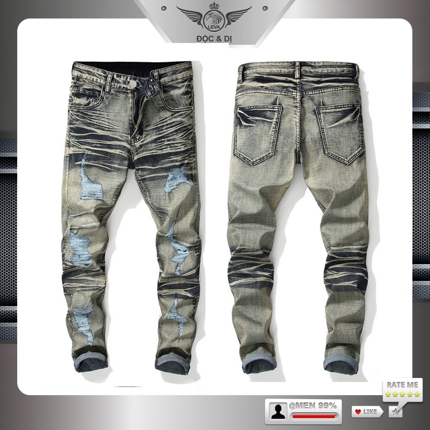  Quần jean nam rách gối ống côn độc lạ LEVAMEN chất liệu vải bò jeans co giãn đẹp QJ007