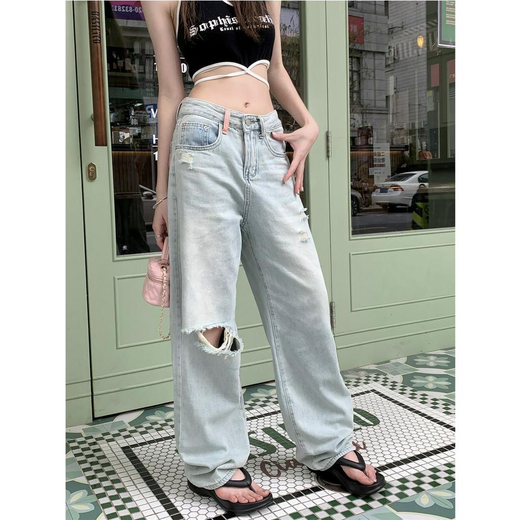 Fine Studio Quần Jean Ống Rộng Thẳng Lưng Cao Màu Sáng Thời Trang Mùa Hè Dành Cho Nữ