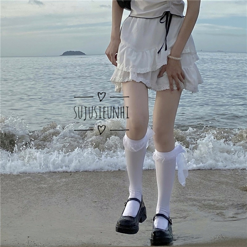 (đen, trắng)Tất/Vớ bắp trơn thắt nơ voan lolita chất liệu mềm mịn, co giãn