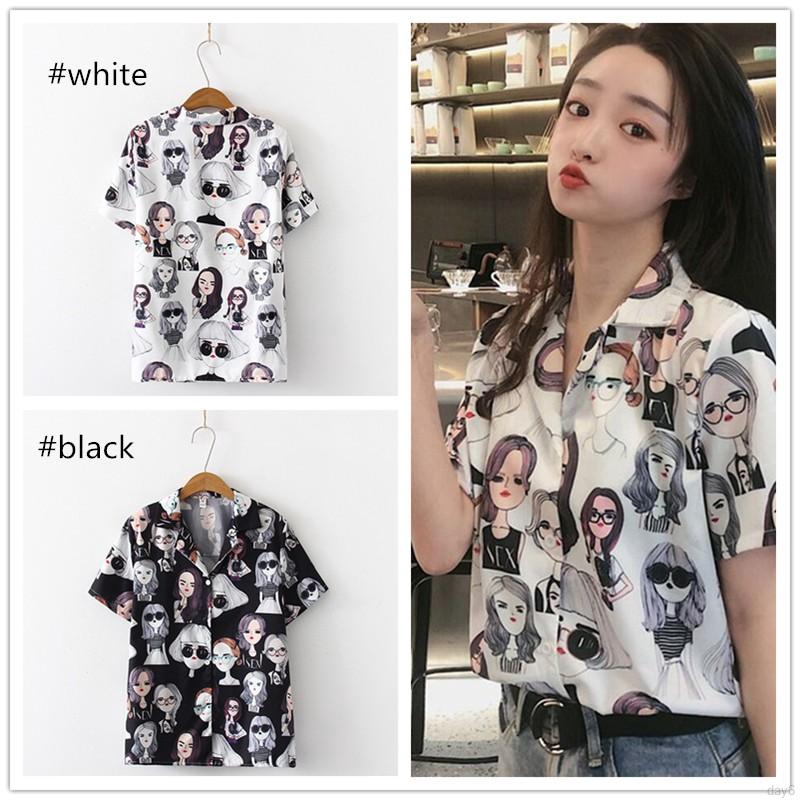 Áo sơ mi form rộng họa tiết hoạt hình phong cách Hàn Quốc