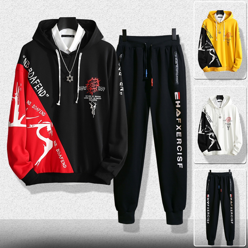 Bộ Quần Áo Nỉ Hoodies Nam Phối Hai Màu Cá Tính Quần In Họa Tiết Trẻ Trung Thời Trang Thu Đông SET NAM 9000084C