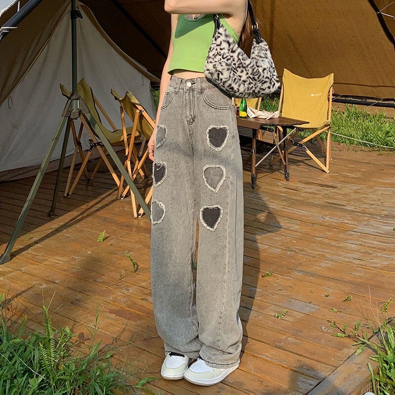 Quần jeans ống rộng hoạ tiết trái tim độc đáo ulzzang