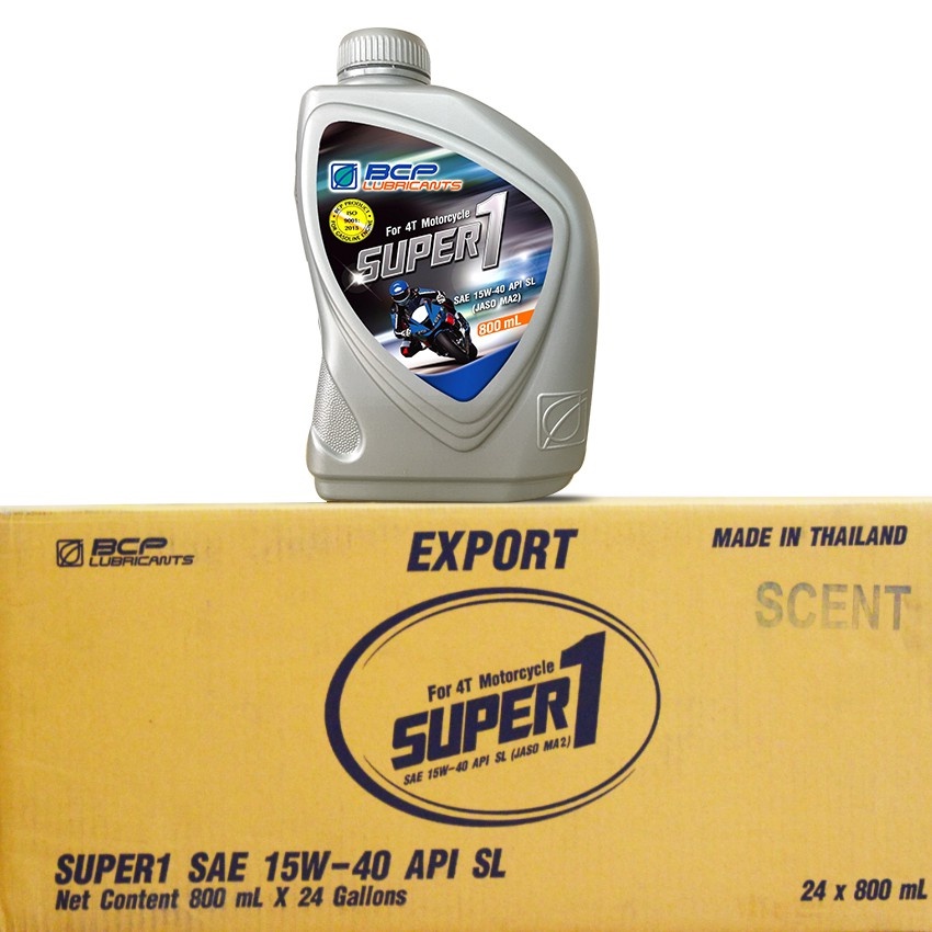 Thùng 12 Chai Nhớt Xe Máy, Dầu Nhớt Xe Số BCP Super 1 Thái Lan - SAE 15W40, API SL, JASO MA2 - 800mL