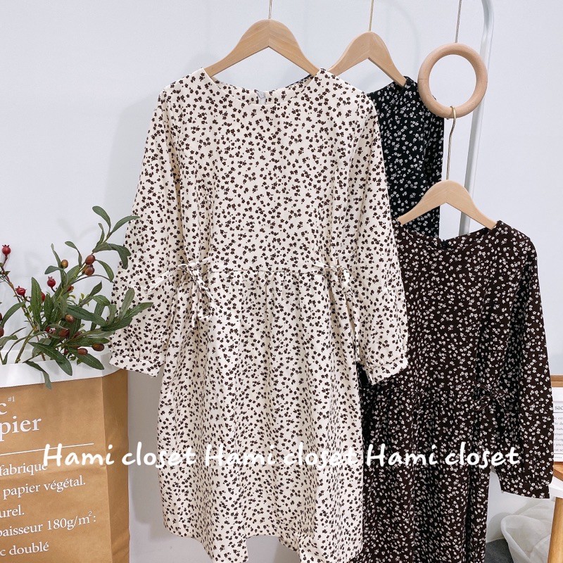 Váy babydoll nhung mịn hoa nhi buộc dây eo mã V015