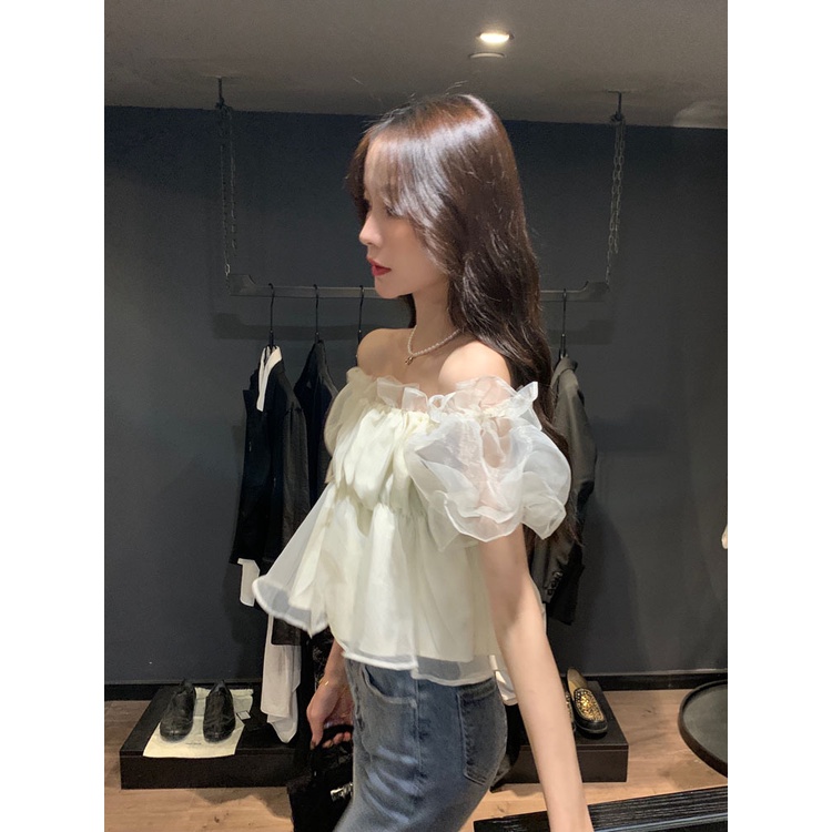 Áo kiểu nữ tay ngắn dễ thương, áo trễ vai h.àn quốc chất voan tơ 2 lớp bồng bềnh dày dặn - AO100 | BigBuy360 - bigbuy360.vn